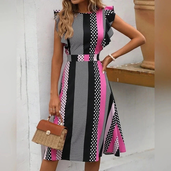 Polka Dot & Striped Print Ruffle Trim Dress - Picture 2 of 5